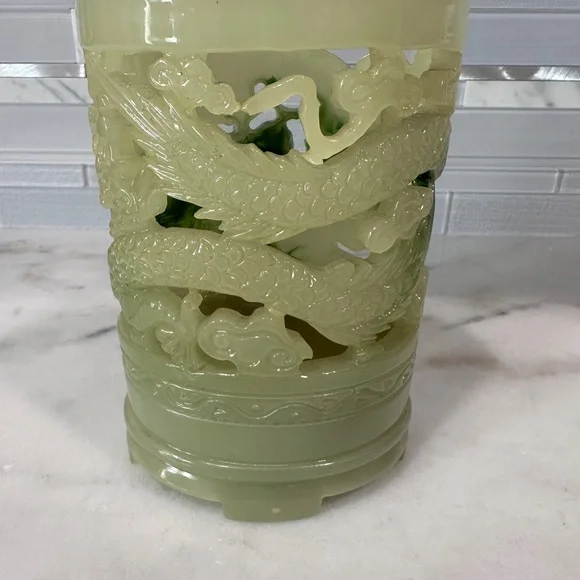 Chinese Carved Imitation Jadeite Candle / Pen Holder – Dragon Motif - Picture 3 of 9